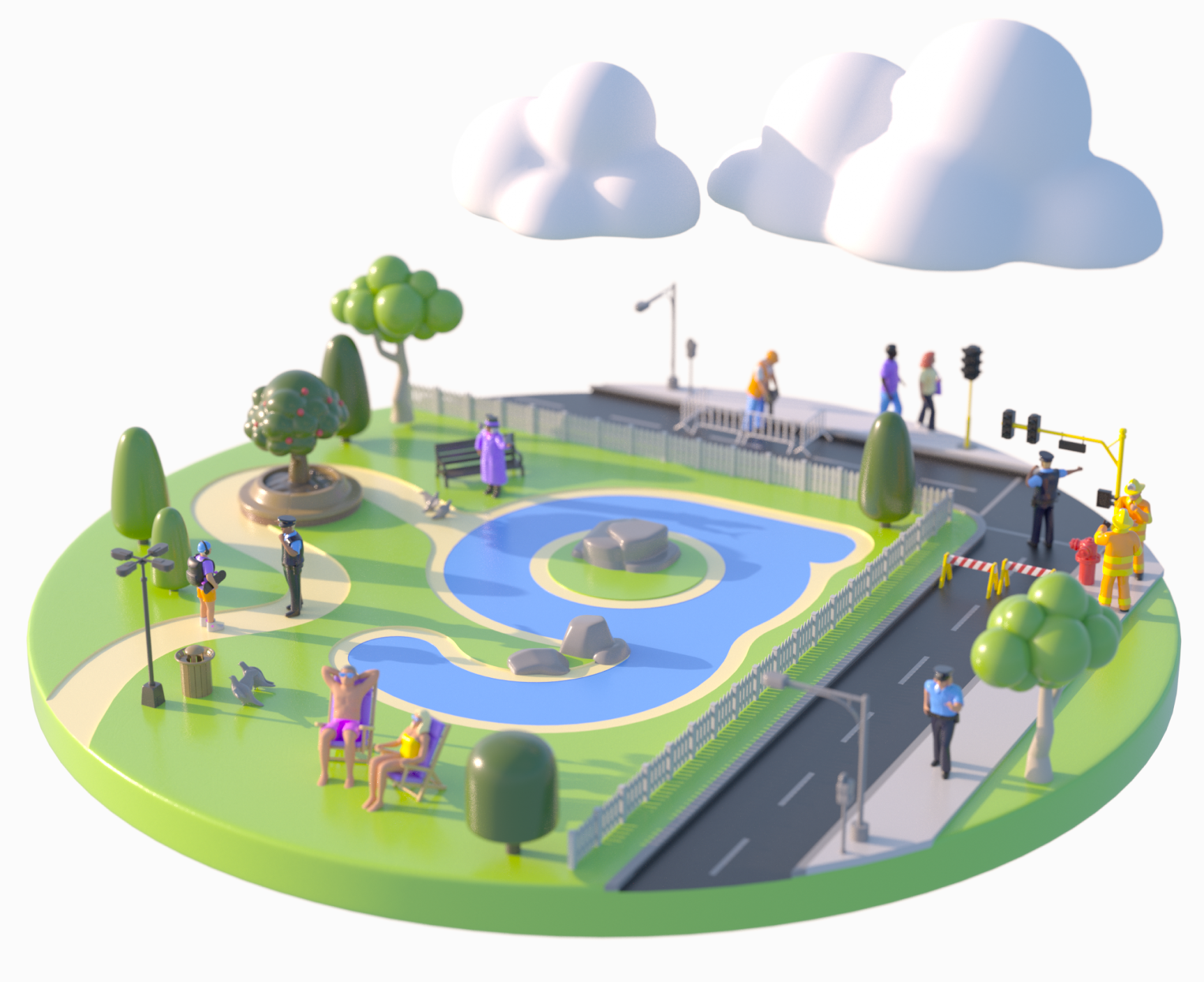 Stylised floating island park with clouds and a lake